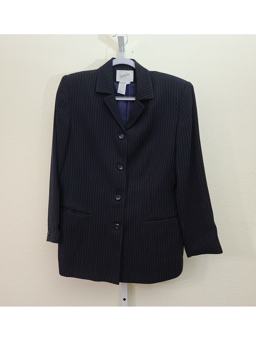 Jacqueline Ferrar Petite Women's Career Blazer Size 14P Black Pinstriped Pockets